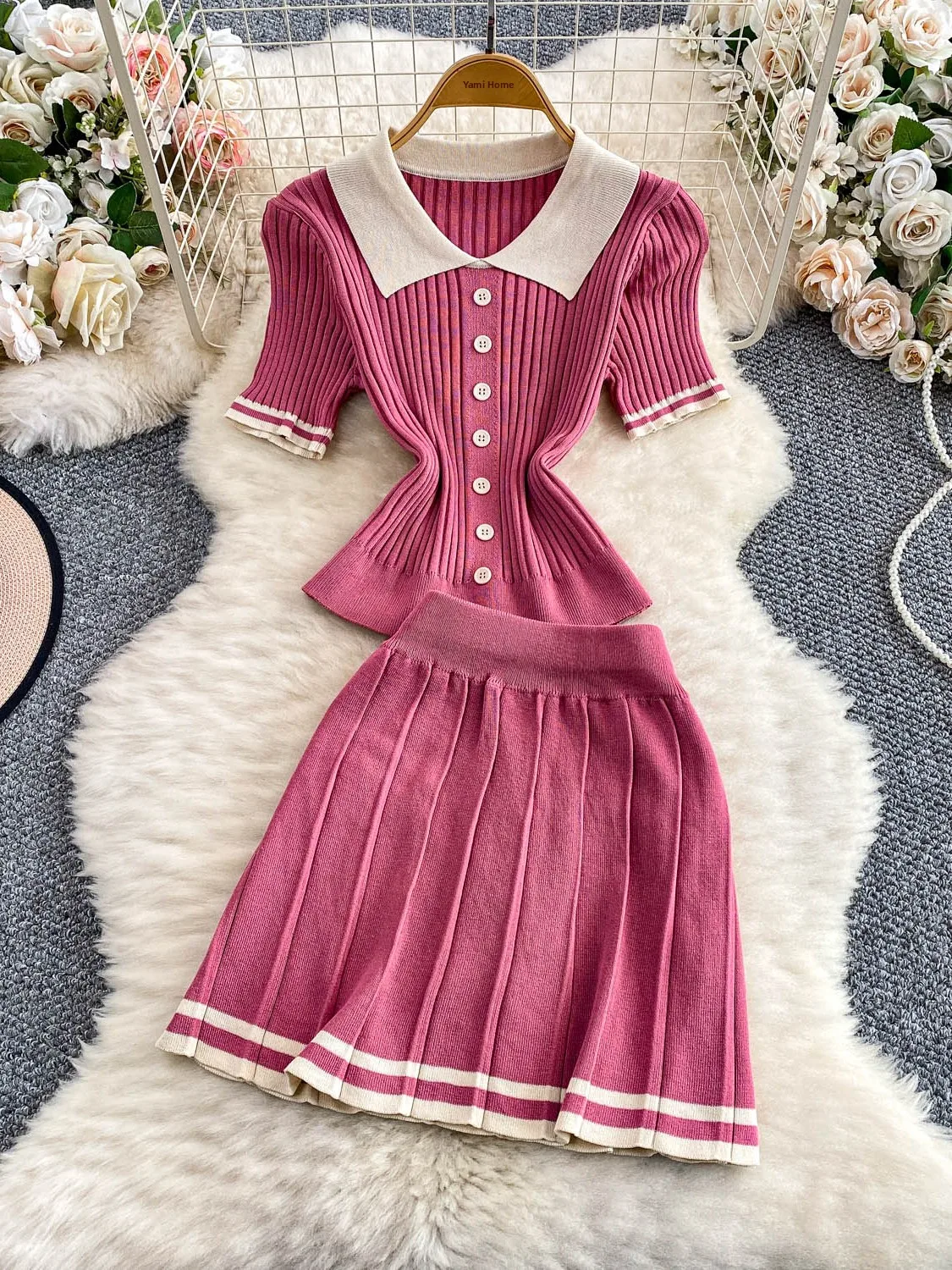 

Korean College Sle Ne Knitted Top High Waist A-Line Skirt Two-Piece Set Slimming Plaid Design Summer Faion Ensemble