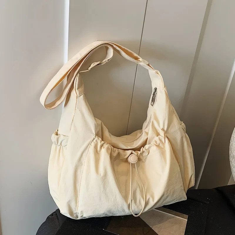Elegant Women's Crossbody Bag with Adjustable Drawstring and Pleated Design, Fashion Versatile Casual Solid Color Canvas Bags