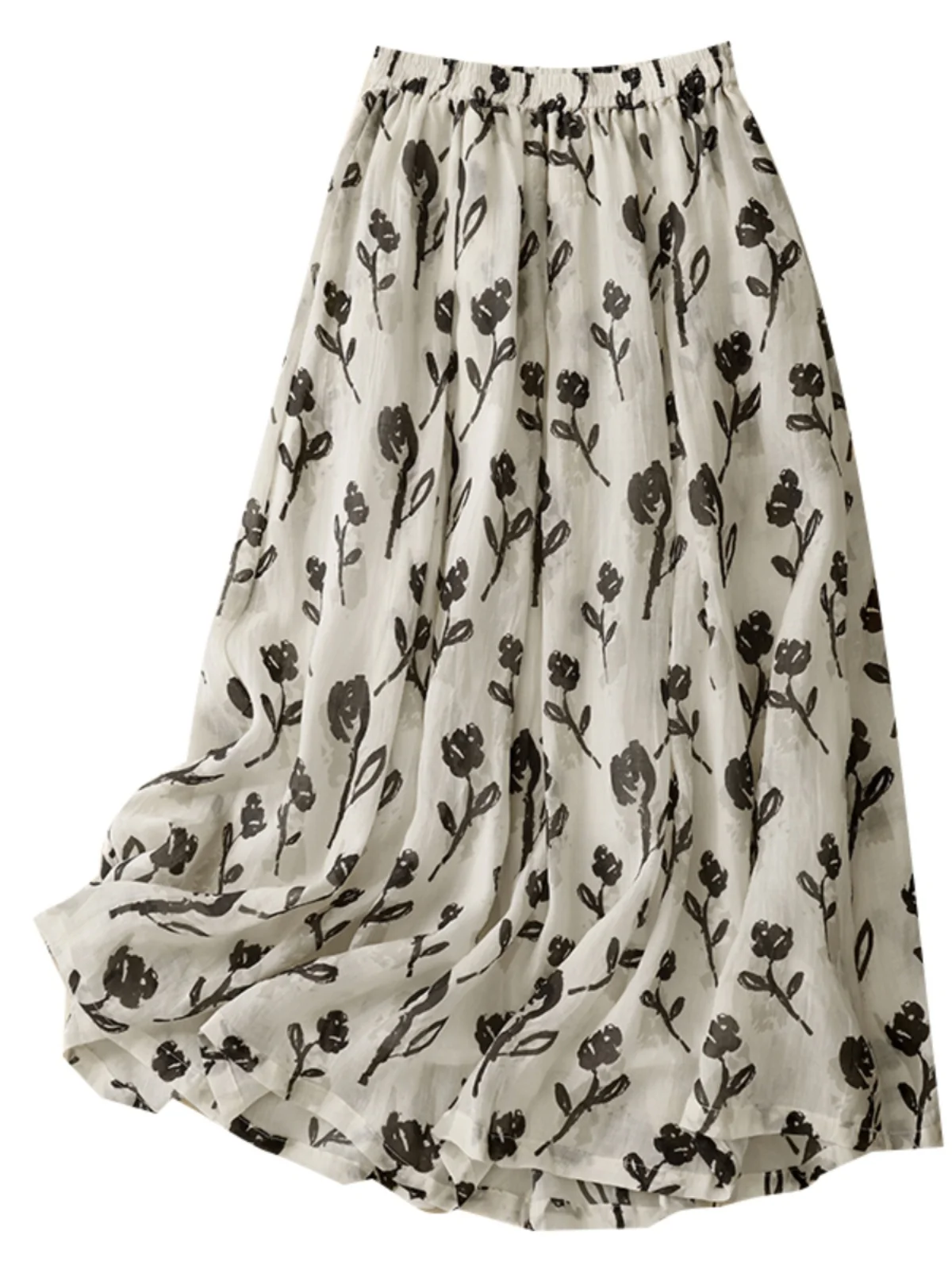 الرجعية الأزهار القطن الكتان ميدي تنورة المرأة الصيف عالية الخصر ألف خط مظلة تنورة Ele Dra منتصف طول الكتان تنورة #5