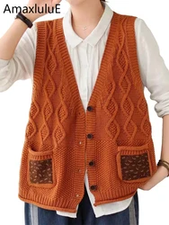 Amax luluE 2024 Winter Korean Fashion Women Sleeveless Sweater Ladies Casual Loose Printed Cardigans Classic Luxury Knitted Vest