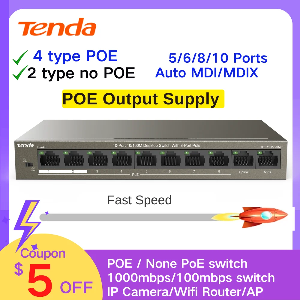 Tenda POE Ethernet Switch 5/6/8/10Ports Fast network switch gigabit 100/1000mbps Switcher Hub SOHO Desktop Switch For IP Camera