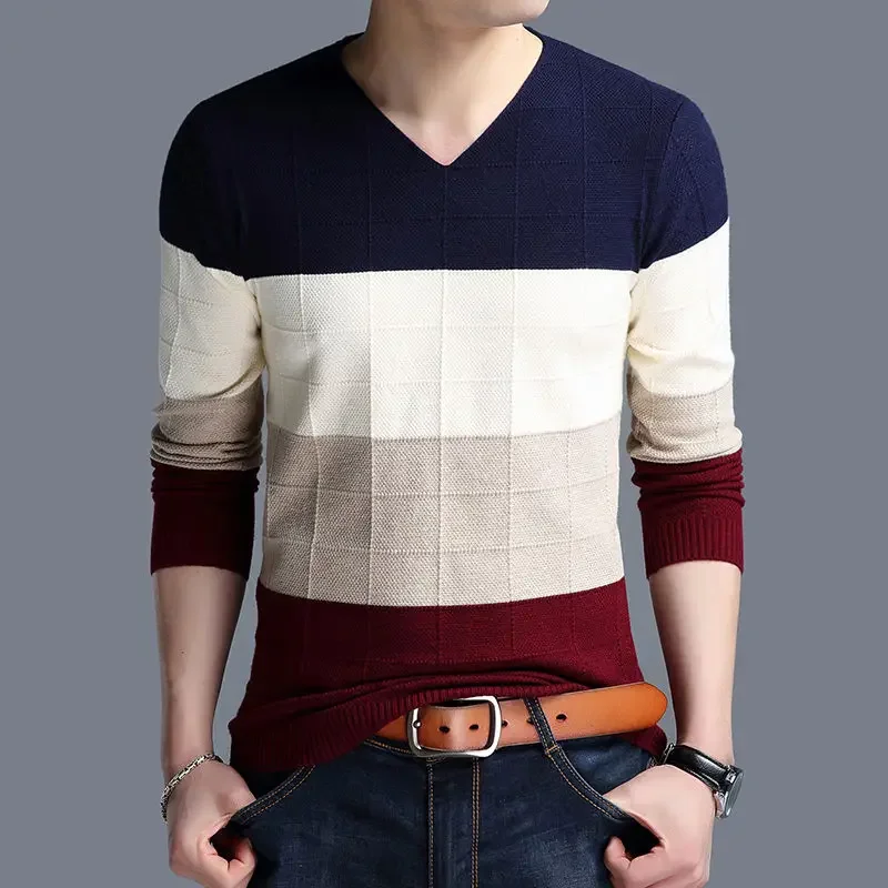 Fashion V-Neck All-match Spliced Knitted Color Korean Sweater Men's Clothing 2022 Autumn New Casual Pullovers Loose Warm Tops