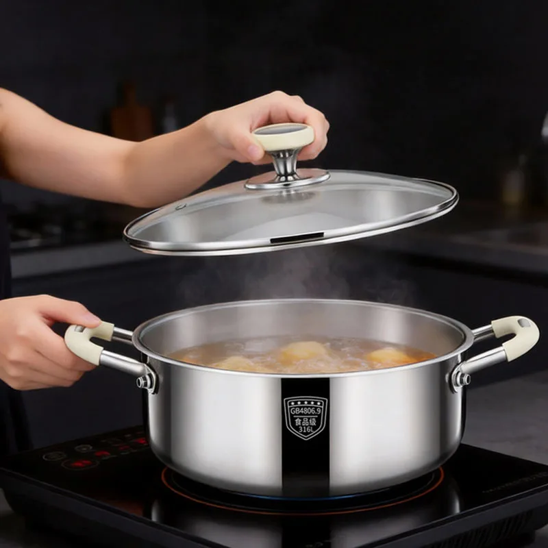 316 Stainless Steel Classic Two-flavor Large Capacity Gas Cooker Compatible Restaurant Soup Pot Cookware Glass Cover