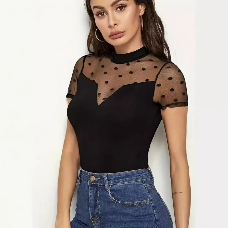 2025Sexy mesh splicing short sleeve with small stand collarTWomen's Slimming Shirt Source