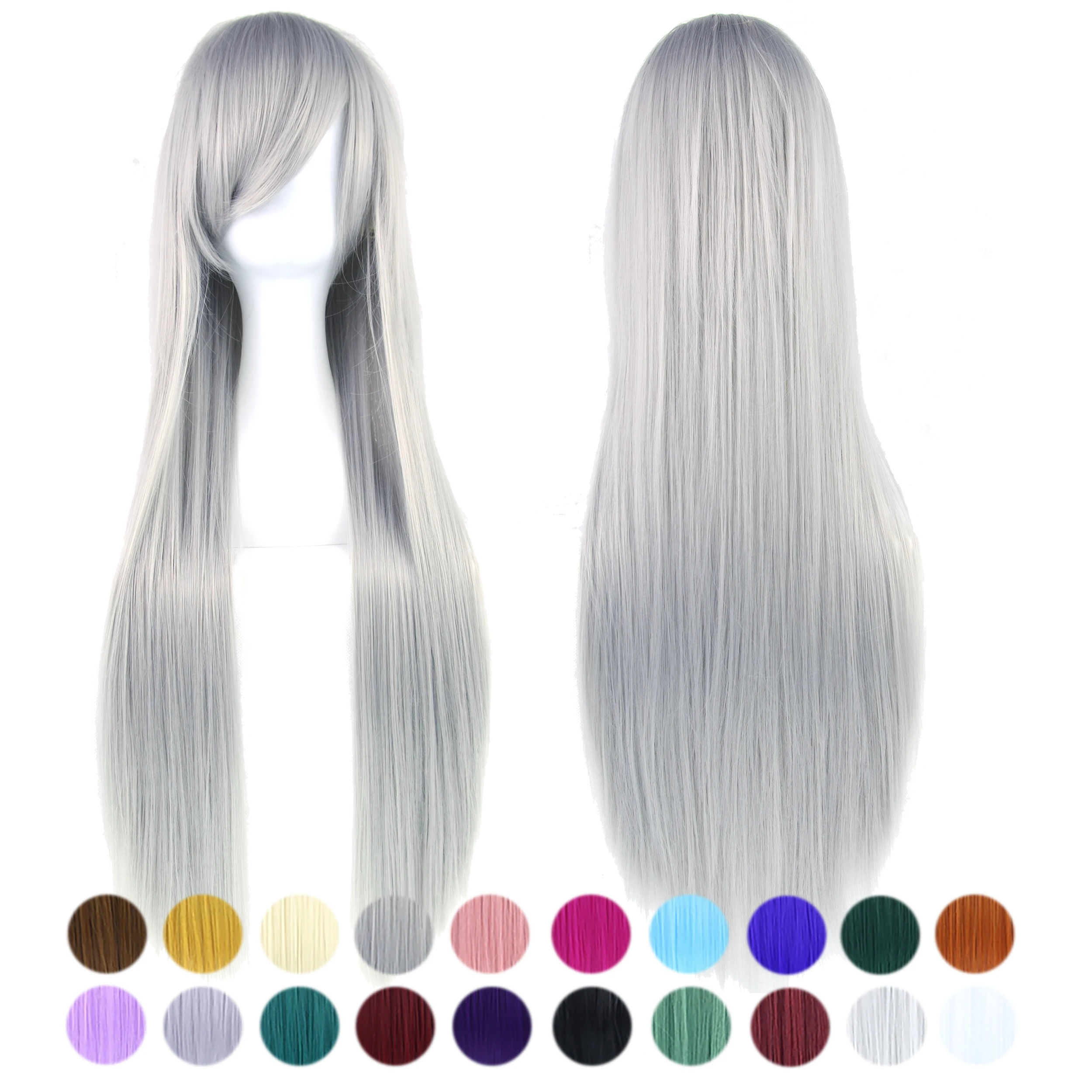 

Soowee 80cm Long Straight Synthetic Hair Gray Cosplay Wigs with Bangs Halloween Costume Party Wig for Women