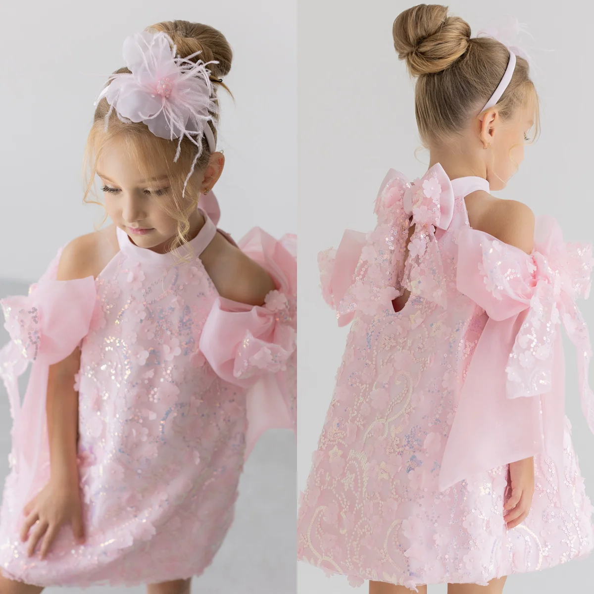 

Pink Sequined Flower Girl Dresses for Wedding White Girl's Birthday Party Gowns Customized Bow Little Baby Pageant Dress