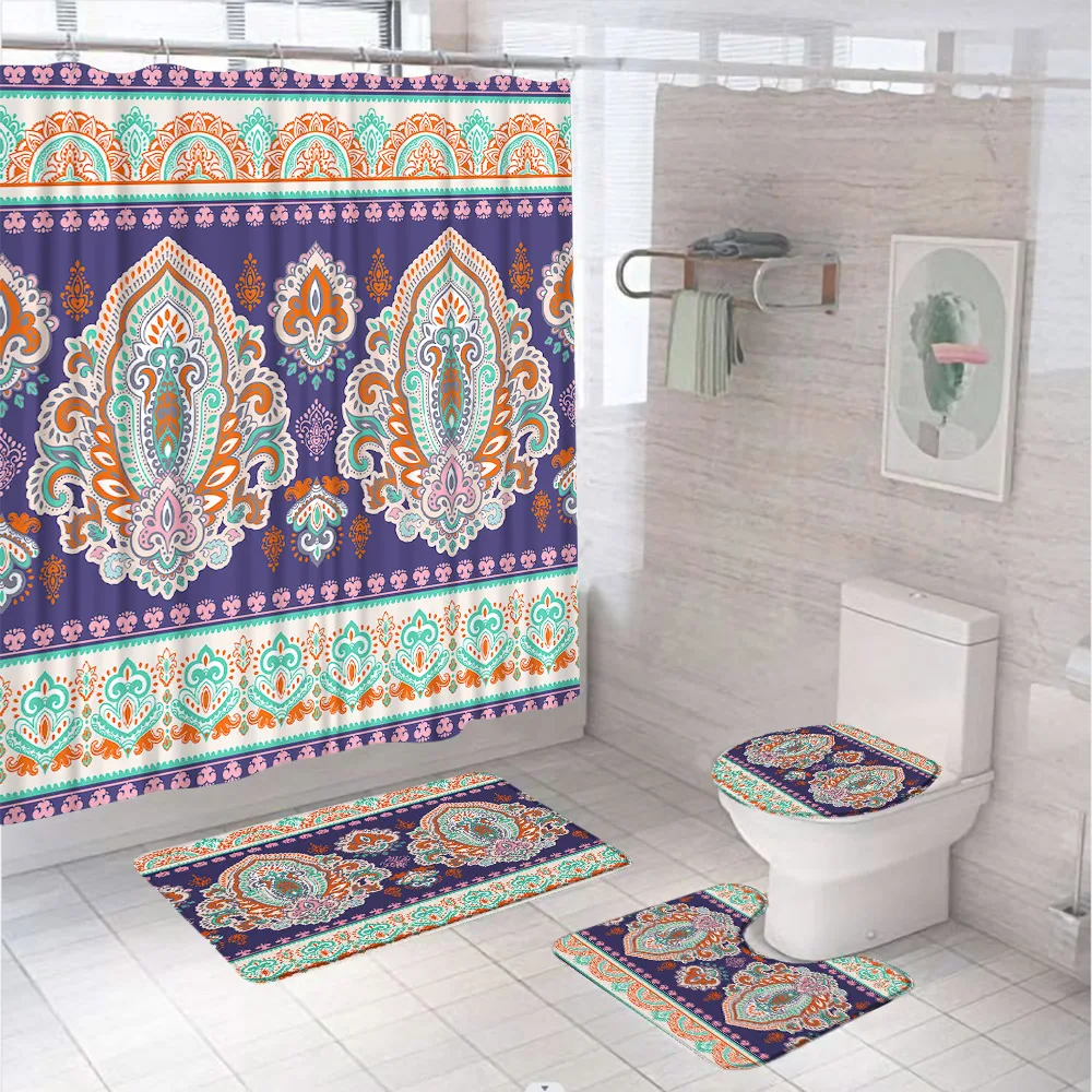 

Luxury European Floral Shower Curtain Sets Bohemia Paisley Ethnic Bathroom Screen Curtains Anti-slip Bath Mats Toilet Cover Rugs