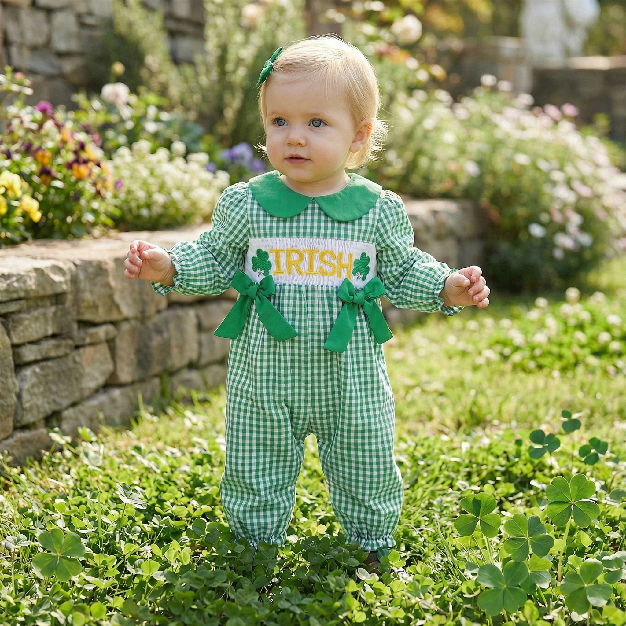 

Spring St. Patrick's Day Infant Baby Girls Plaid Romper Shamrock Letter Embroidery Long Sleeve Collar Bow Jumpsuit