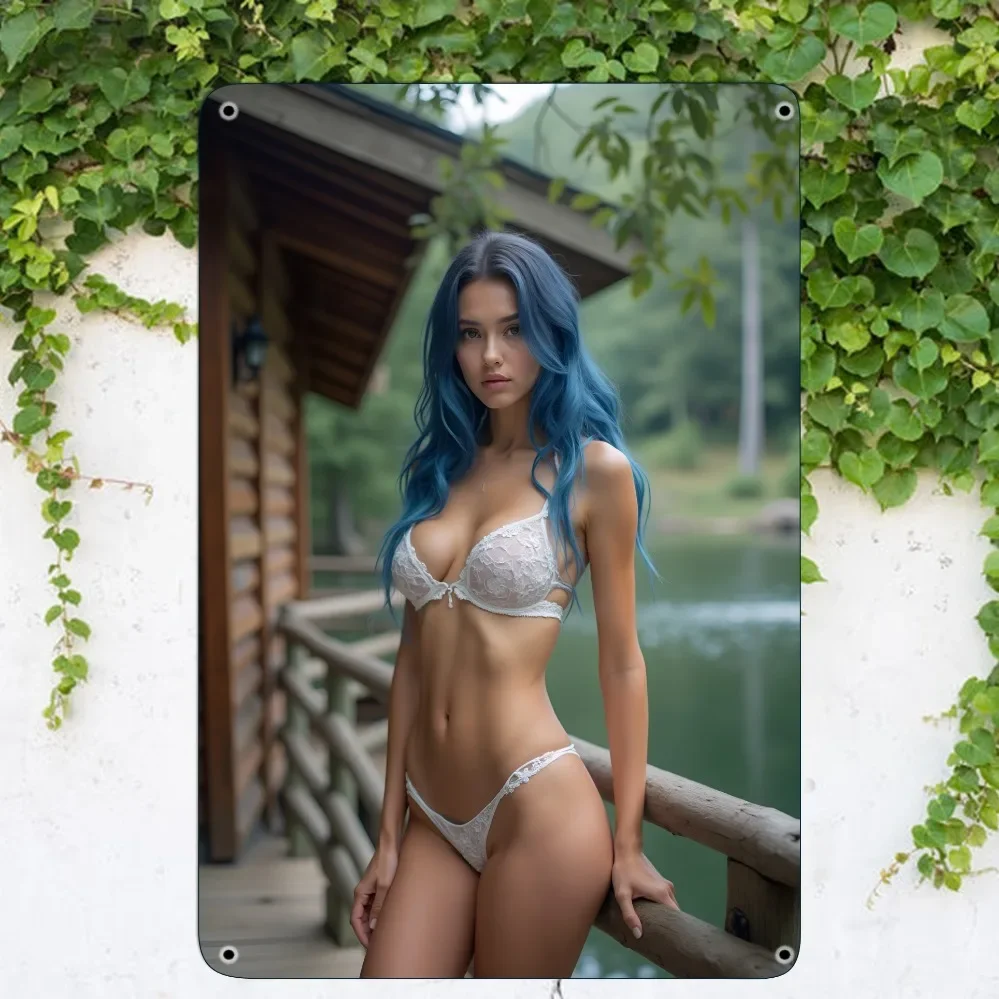 Rural Nature Female Figure 2D Tin Sign 1PC Forest Water View Metal Plaque for Indoor Wall Hanging