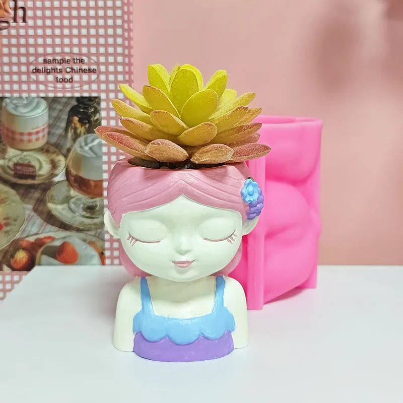 Floral Girl Half-Body Portrait Flower Pot Silicone Mold DIY Cement Plaster Succulent Planter Mold Closed-Eye Girl Flower Vessel Hand-Casting Mold