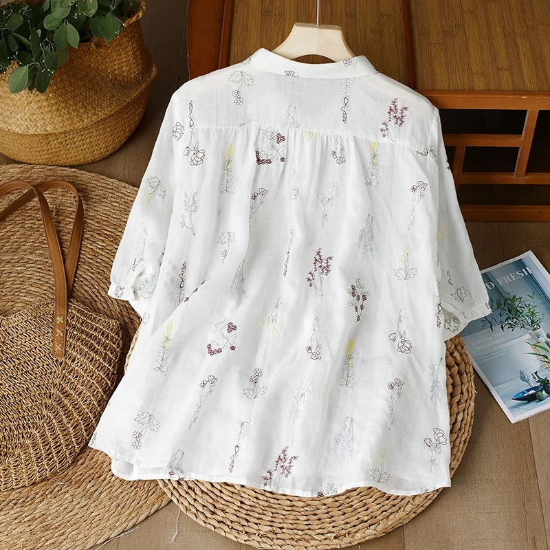 Embroidery Chinese Style Women Blouses Summer Cotto Linen Tops Loose Short Sleeve Clothing Sales Korean Women\'s Shirts