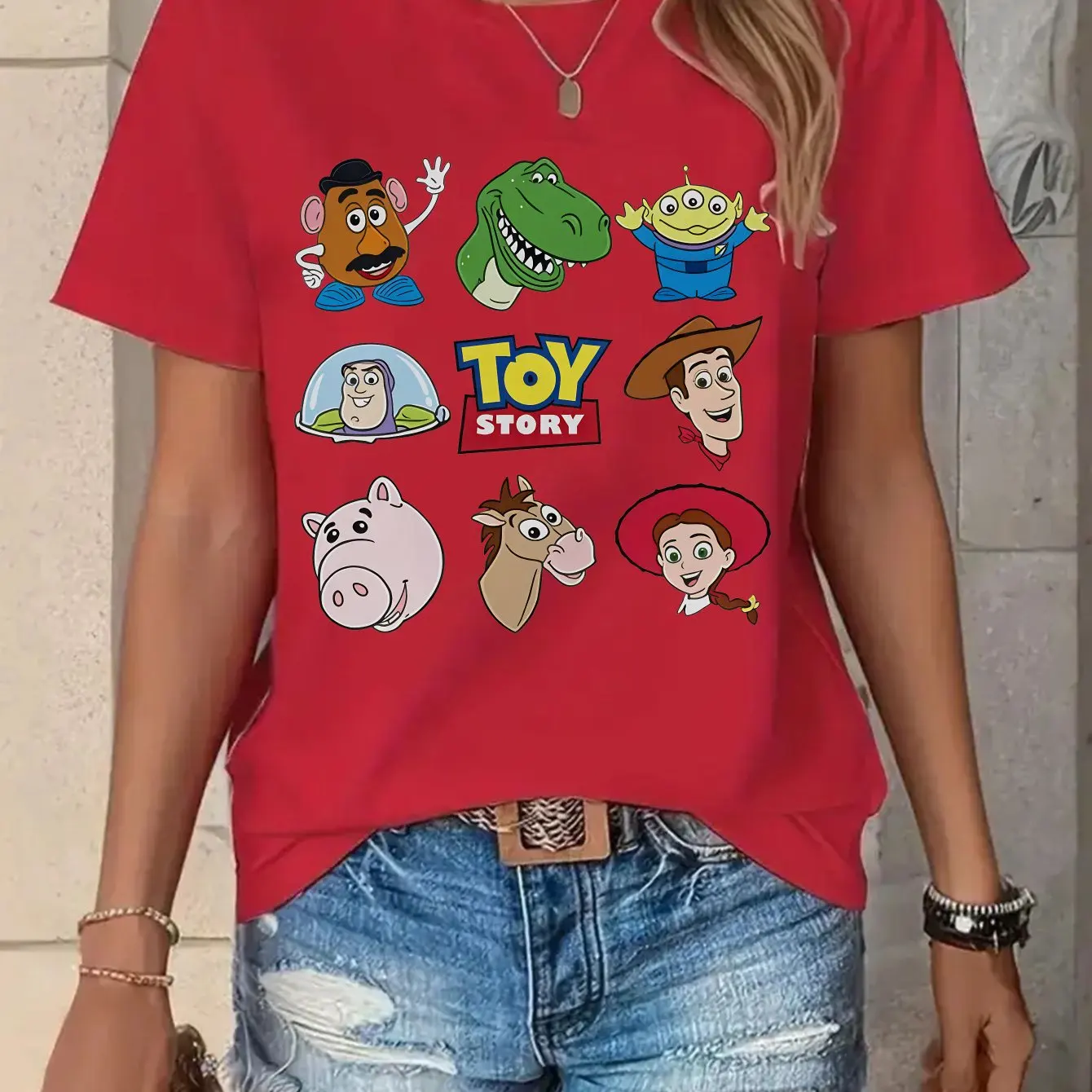 تي شيرت نسائي برسومات Toy Story - تي شيرت بأكمام قصيرة من القطن الخالص باللون الوردي الناعم مع Woody & Buzz Lightyear، Jessie & Bullseye #3