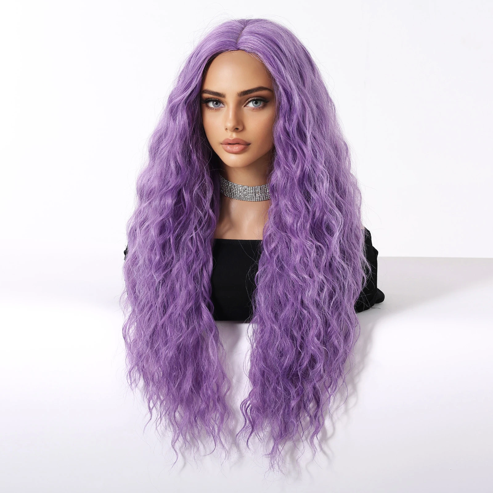 Allbell Magique Mode Paars Synthetische Pruiken Voor Vrouwen Party Cosplay Halloween Natuurlijk Golvend Nep Haar Hittebestendige Vezel