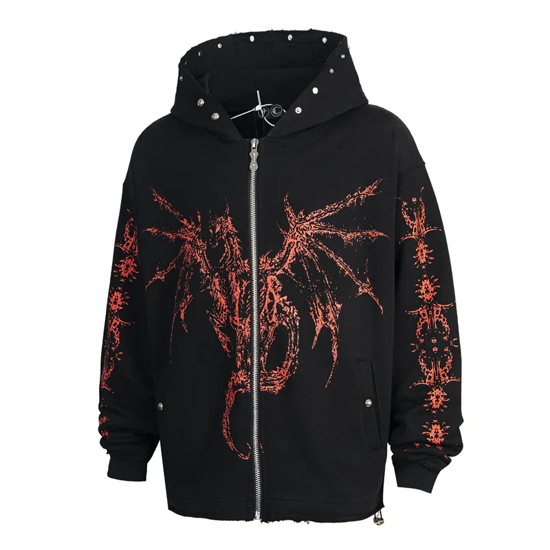 

Men Hoodies Sweatshirts Cotton Gothic Zip Women's Clothing Oversized Autumn High Streetwear Black Jacket