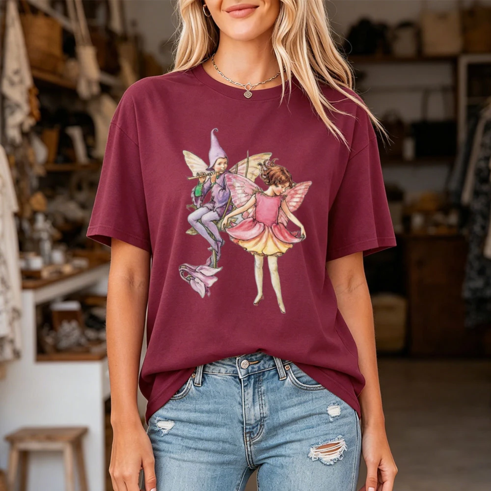 Magical Fairy Duo With Flute And Flower T Shirt Women Vintage Storybook Art Tee Enchanted Forest Spirit Top