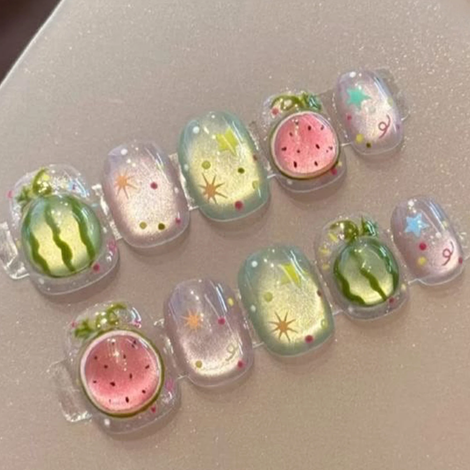 24pcs Ice Tansparent Watermelon Press On Nails Colorful Stars Polka Dot Designs Summer Vacation False Nail Short Round Fake Nail