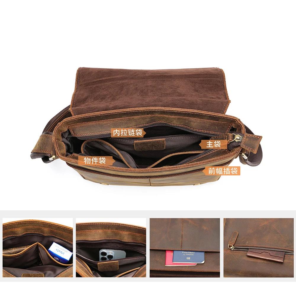 New Design Men\'s Shoulder Bag Genuine Leather Crossbody Bag Messenger Bags For 7.9 Inch Ipad Sling Bags Vintage Fashion Male