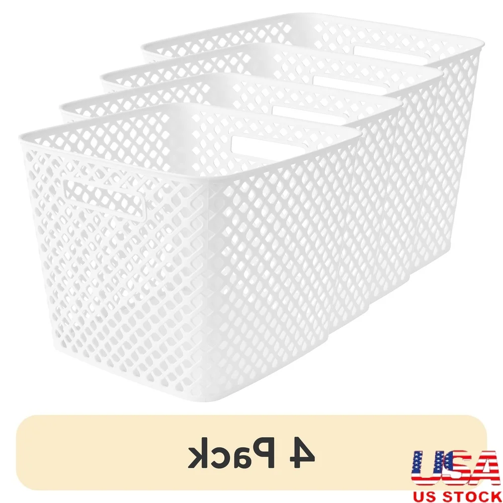 

4 Pack 13 Inch White Cube Storage Baskets with Cut-Out Handles Mesh Design Organizing Toys Food Sports Tools Garage Home