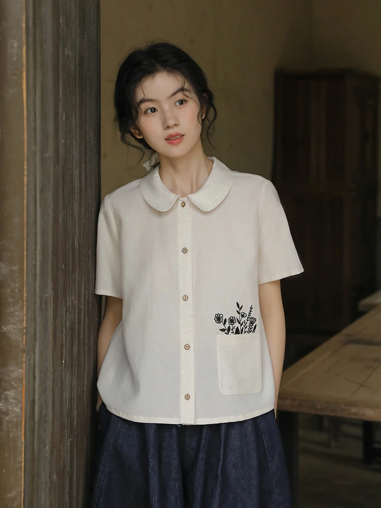 

Летняя художественная ретро-рубашка Nesoulum из хлопка и льна с вышивкой, воротником-куклой и коротким рукавом, модная повседневная модель для женщин