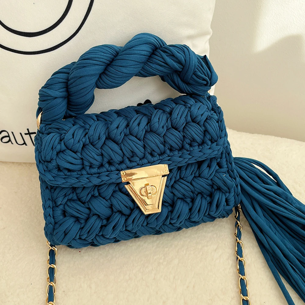 Fashion Wool Knitting Handbag Handmade Crochet Shoulder Bag Tassel Woven Bags for Women Designer Yarn Crossbody Bag Flap Purses