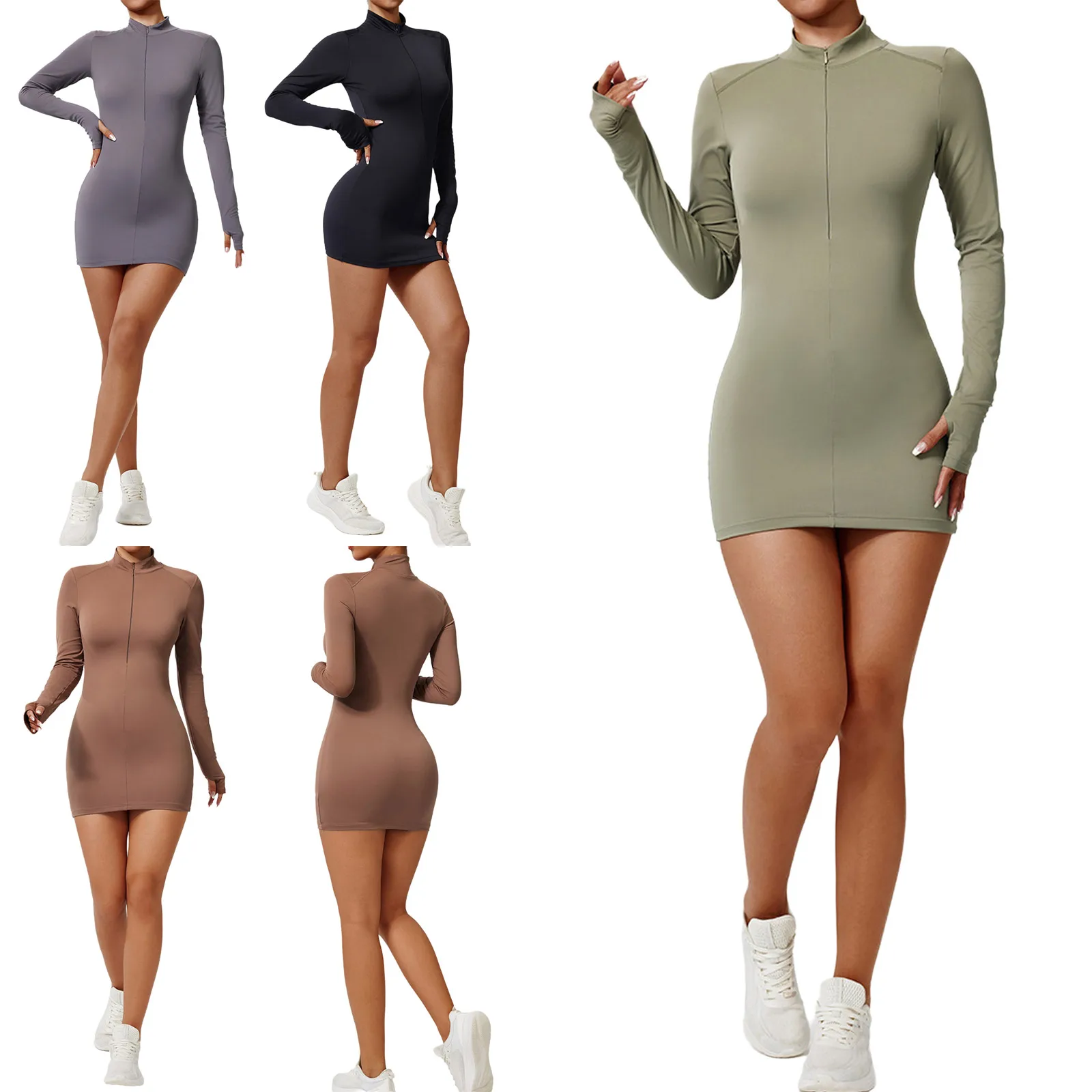 #S-XL Women Golf Tennis Sports Dress Zip-up Stand Collar Long Sleeves Thumbholes Bodycon Dress for Yoga Fitness Workout