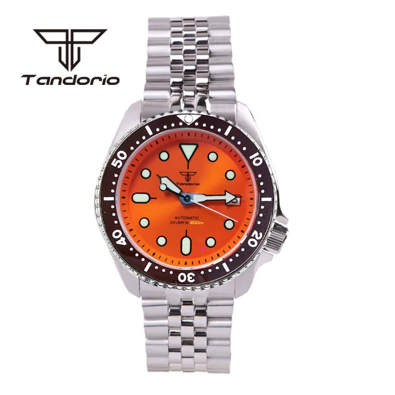 Tandorio NH35A 41mm 200m Automatic Diving Men Wristwatch Steel Bracelet Black/Blue/Green Dial Luminous Sapphire Glass Auto Date