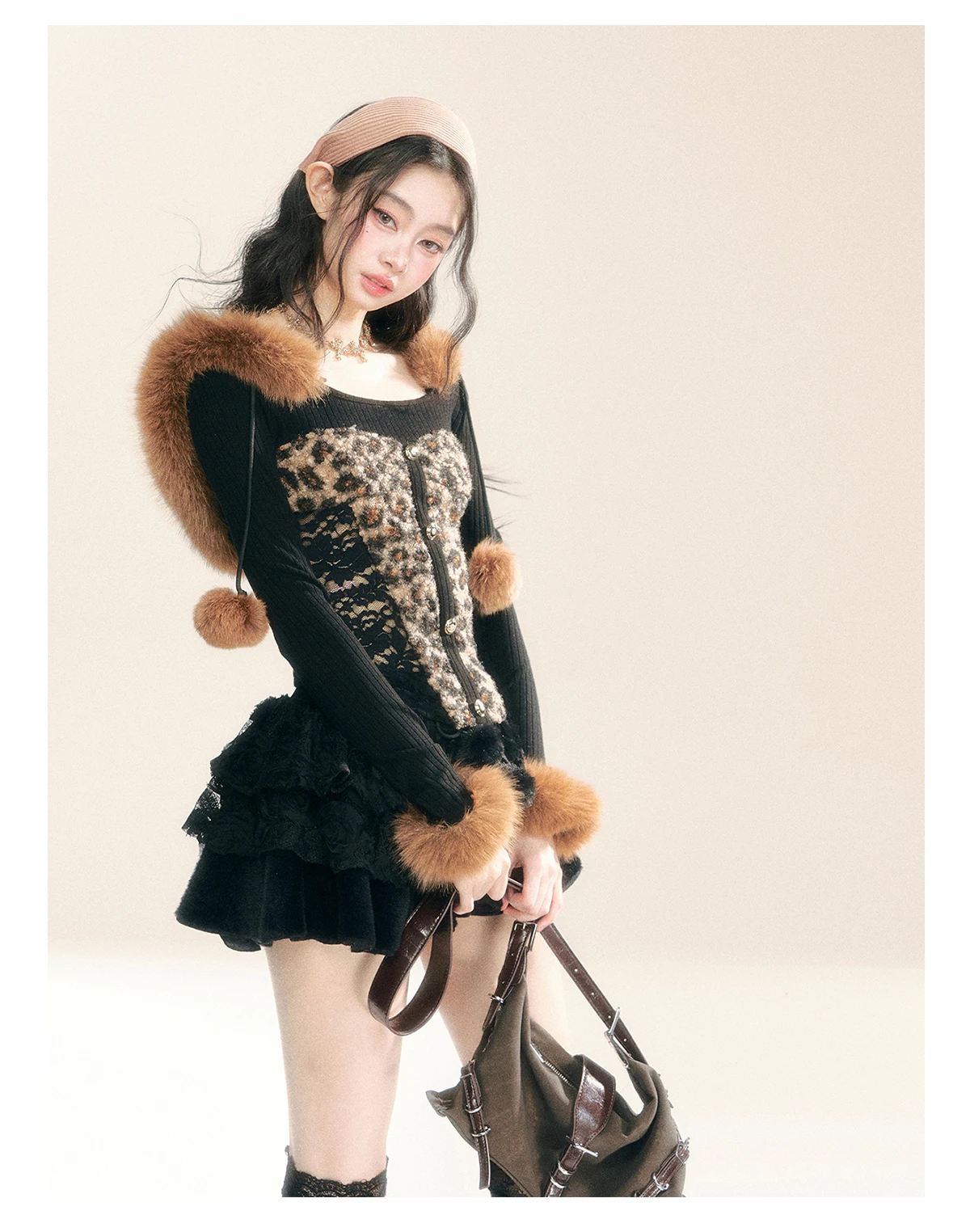 Leopard Print Fashion Hooded Babes Sexy Knitted Sweaters Women 2024 Autumn and Winter Long Sleeve Slimming Plush Knitted Tops