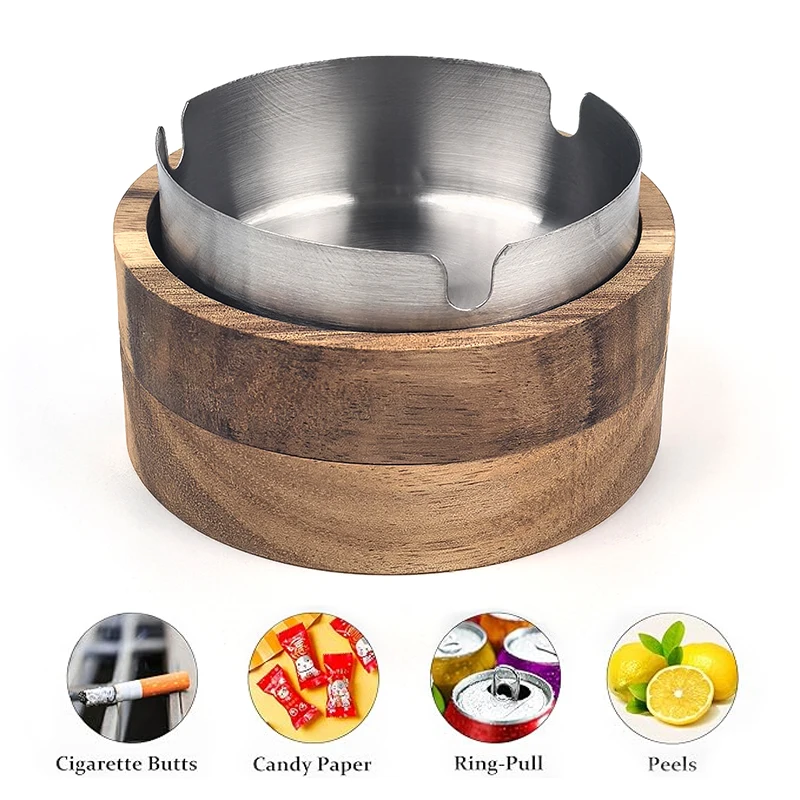 Acacia Wood Desktop Ashtray With Lid Stainless Steel Windproof Ash Tray For Bar Office Home Decoration Smoking Accessories