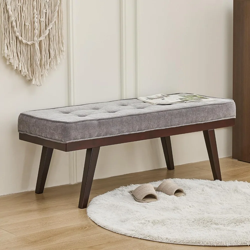 Grey Rubberwood Entryway Bench with Padded Cushion, 47.2 Ottoman for Bedroom and Living Room, Solid Wood Legs