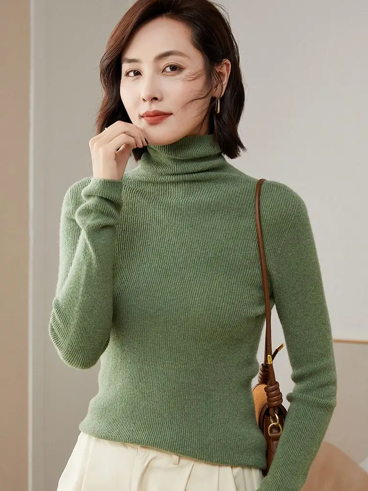 

Women Turtleneck Sweater Autumn Winter Slim High Strecth Basic Pullover 100% Merino Wool Bottoming Shirt Cashmere Knitwear 2023