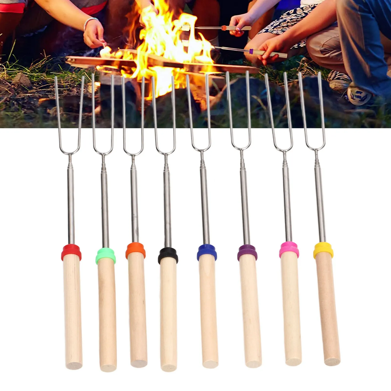 8PCS  retractable stainless steel toasted marshmallow sticks outdoor barbecue cookware for hot dog barbecue picnic camping