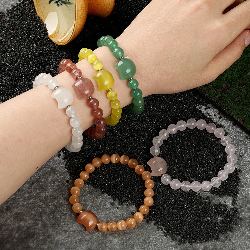 Cat Bracelet for Women 8mm Natural Stone Crystal Feng Shui Beaded Stretch Bracelets Cute Good Luck Wealth Charm Jewelry