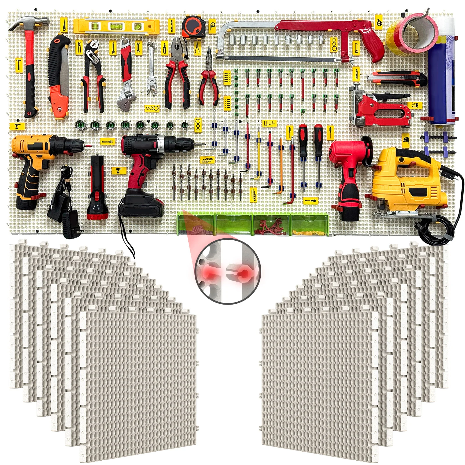 Plastic Pegboard Wall Organizer Kit, 12White Panels 61 x 122cm, 428 Accessories with Hooks, Clips & Holders, Modular Tool Storag