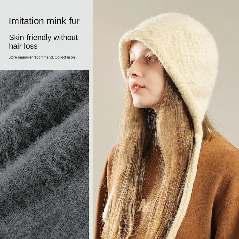 Imitation Mink Fur Beanie Autumn Winter Women Warm Japanese Knit Fluffy Trapper Hat Pile Caps Men Ear Protection Pullover Bonnet