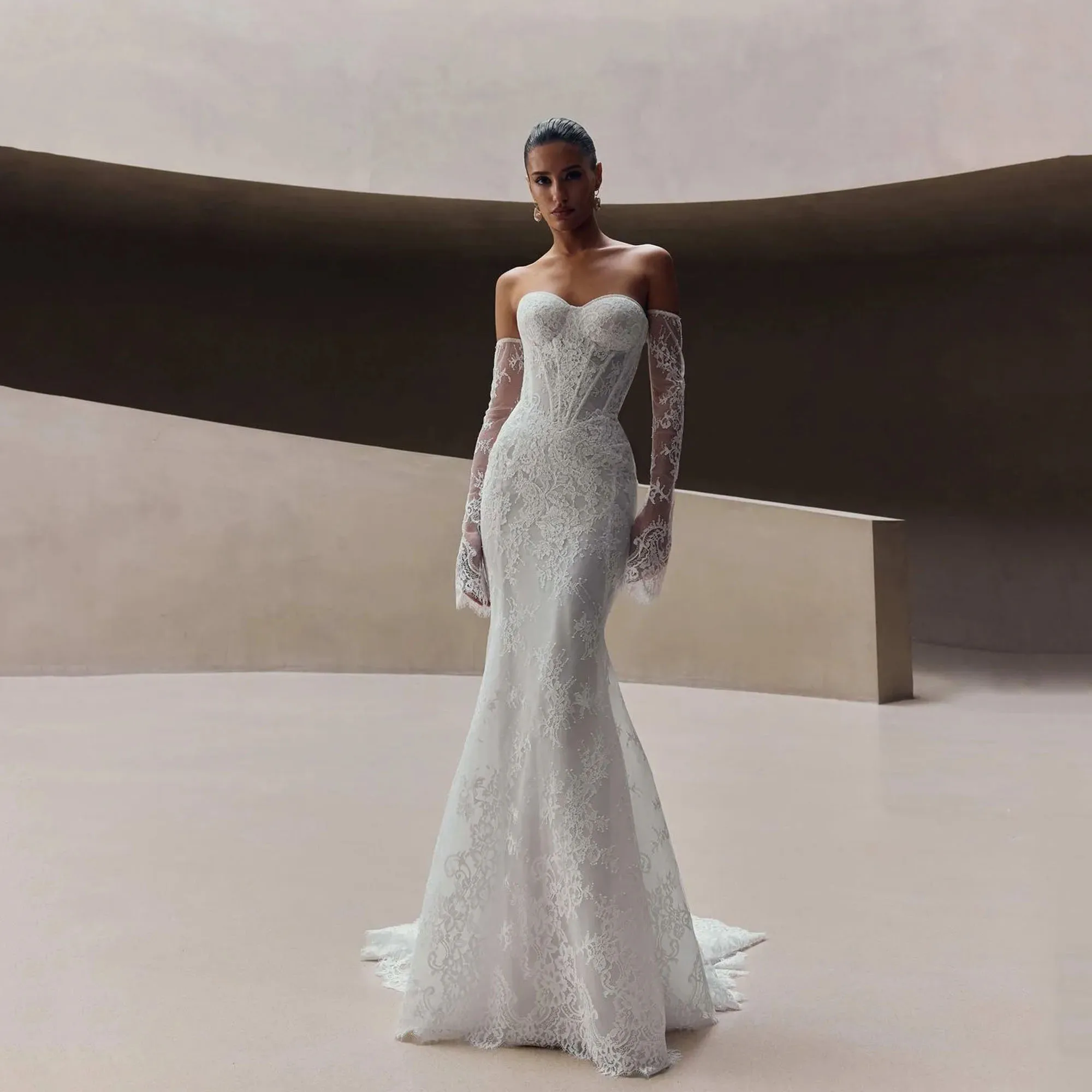 

Lace Mermaid Wedding Dress Strapless Sweetheart Detachable Long Lace Sleeves Overskirt Button Back Ivory Bridal Gown Customized
