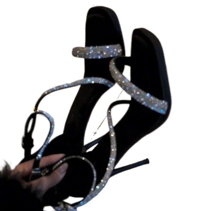 2026 Summer New Fashion Square Toe Rhinestone Open Toe Single Strap Stiletto High Heel Sandals for Women Big Size 34-41