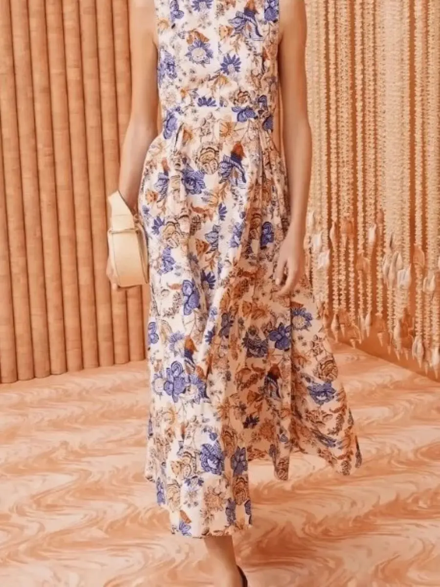 

Flower Print Women Cotton Midi Dress Summer Round Neck Sleeveless High Waist Elegant Female Robe