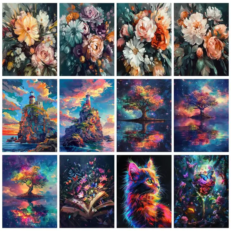 

Картина RUOPOTY с номерами, красочные цветы, дерево, акриловые картины, ручная роспись, наборы масляной боли, гостиная, Декорации для помещений