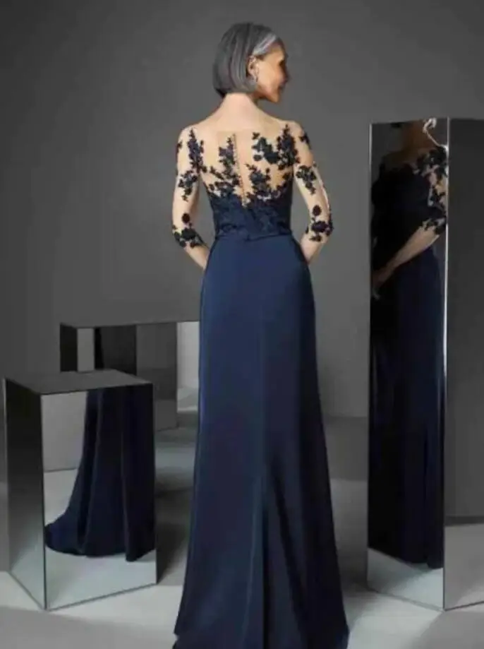 Navy Blue Lace Decorated mother of the bride Groom Maxi dress with Midi sleeves evening dress