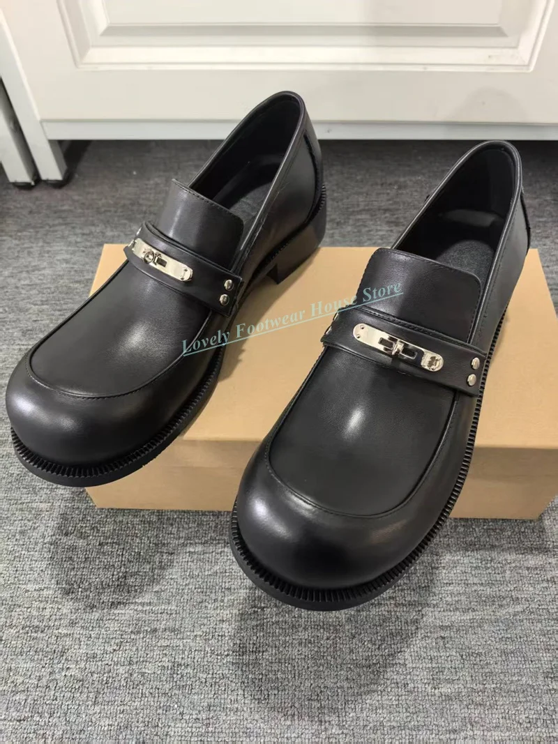 

Men Big Round Toe Genuine Leather Single Loafer Shoes Male Low Heel Slip On Black Spring Autumn Party Wedding Shoes