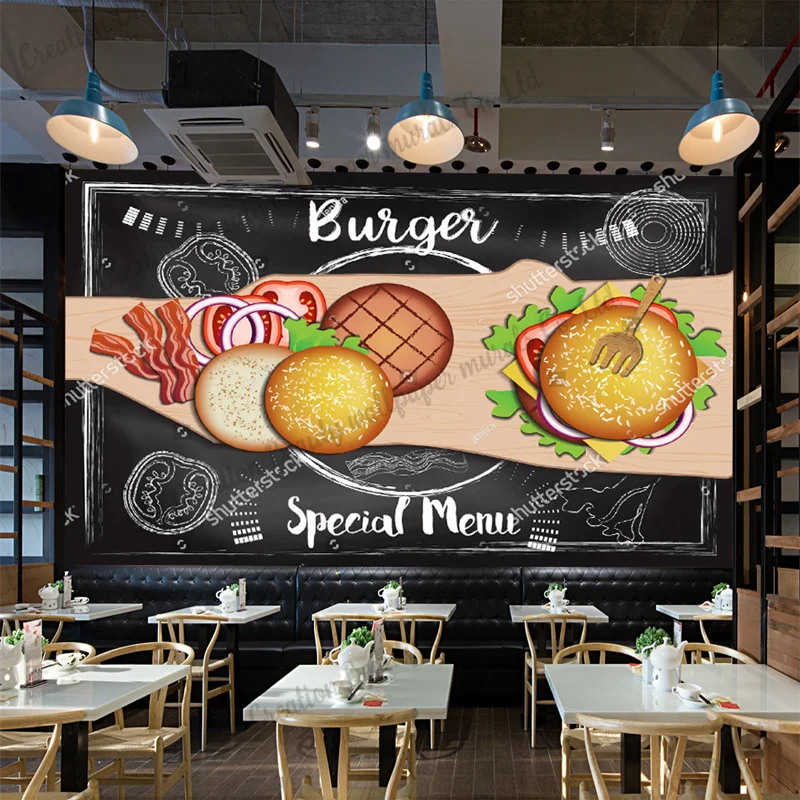 Custom Blackboard Hamburger Fast Food Wallpaper Industrial Decor Mural Restaurant Snack Bar Background Wall Paper Papel Tapiz