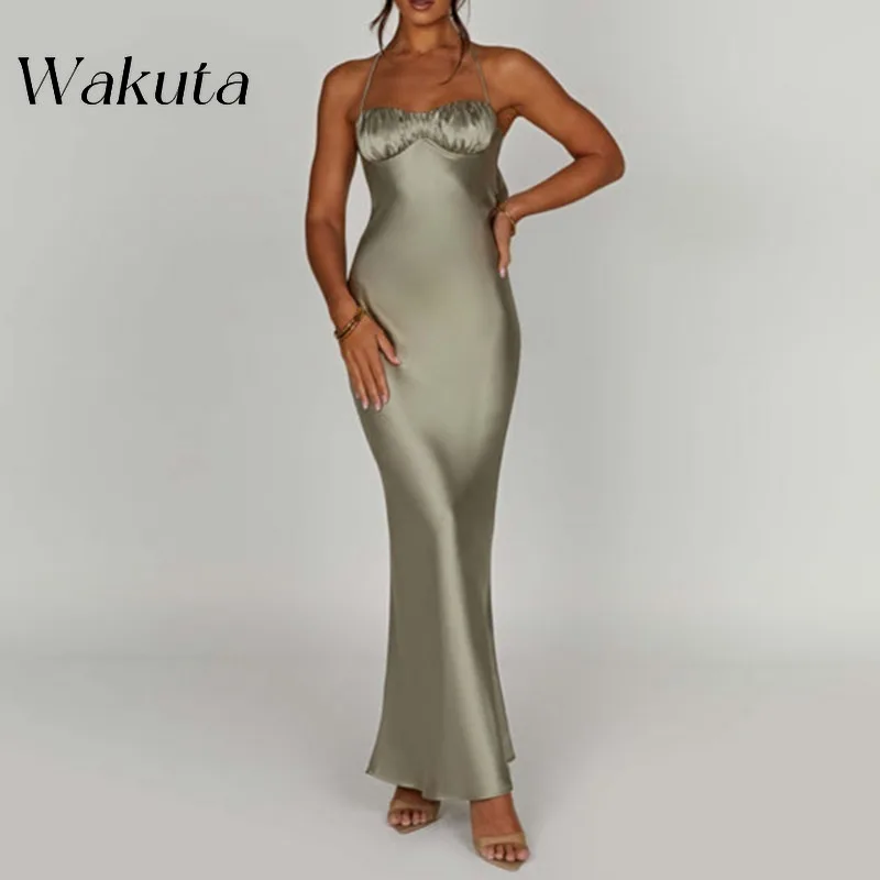 WAKUTA Fashion Halter Hanging Sleeveless Strapless Evening Gowns Solid Backless Cocktail Ball Evening Vestidos Estido De Fiesta