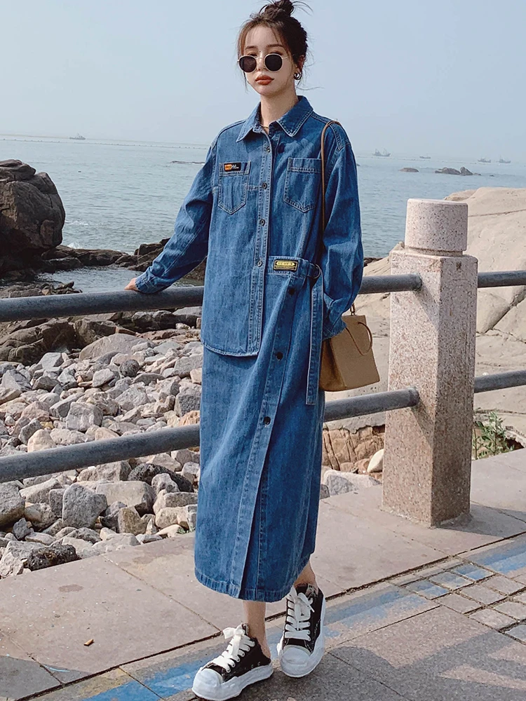 

plus Size Casual Denim Dress Women's Fashionable High Waist A-Line Skirt Long Sleeve Spring Autumn Cotton Leisure Dress