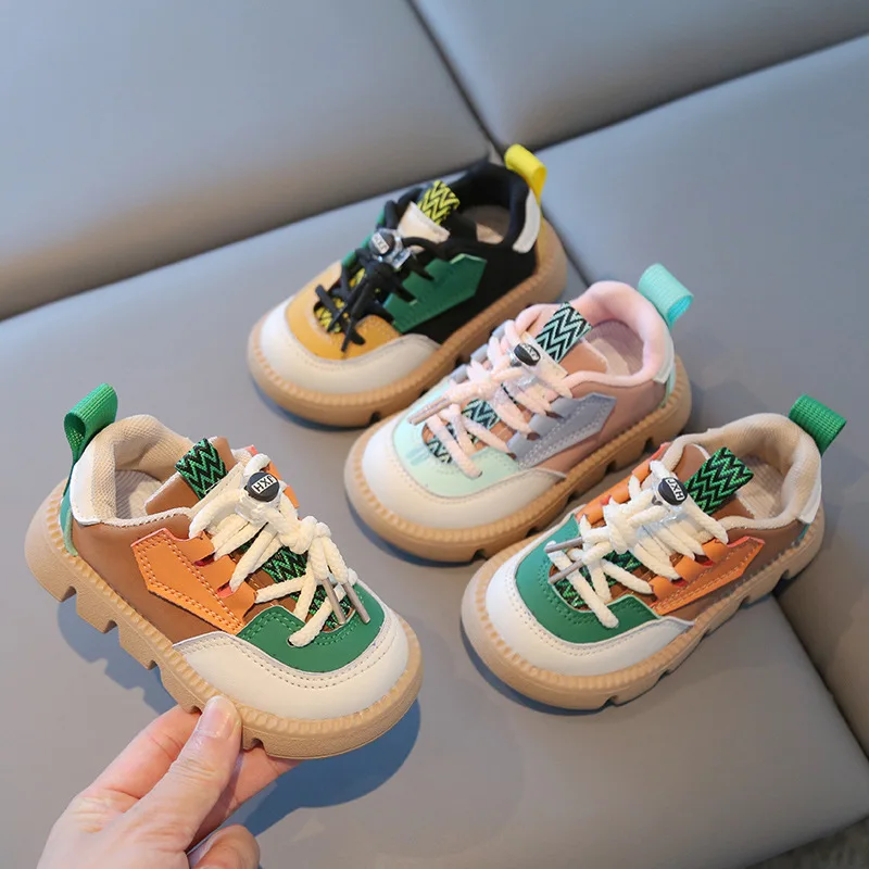 

Children Spring Autumn Casual Soft-soled Shoes Children Front Lacing Sport Shoes Kids Round Toe Board Shoes Color Blocking