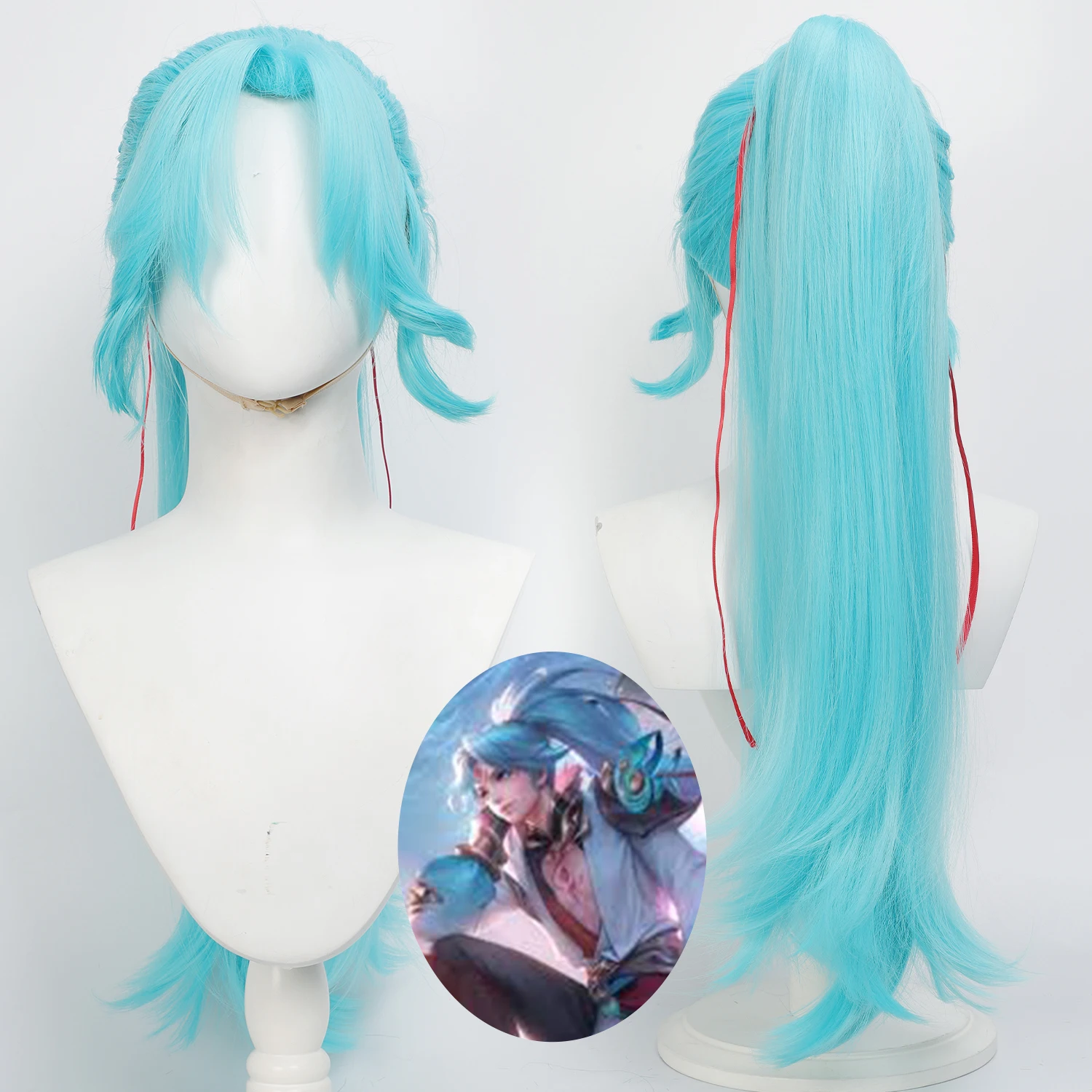 Anime Game Cosplay Wig Cyan Blue Long Hair Detachable Ponytail With Claw Clip Heat Resistant Synthetic Fiber For Halloween Party