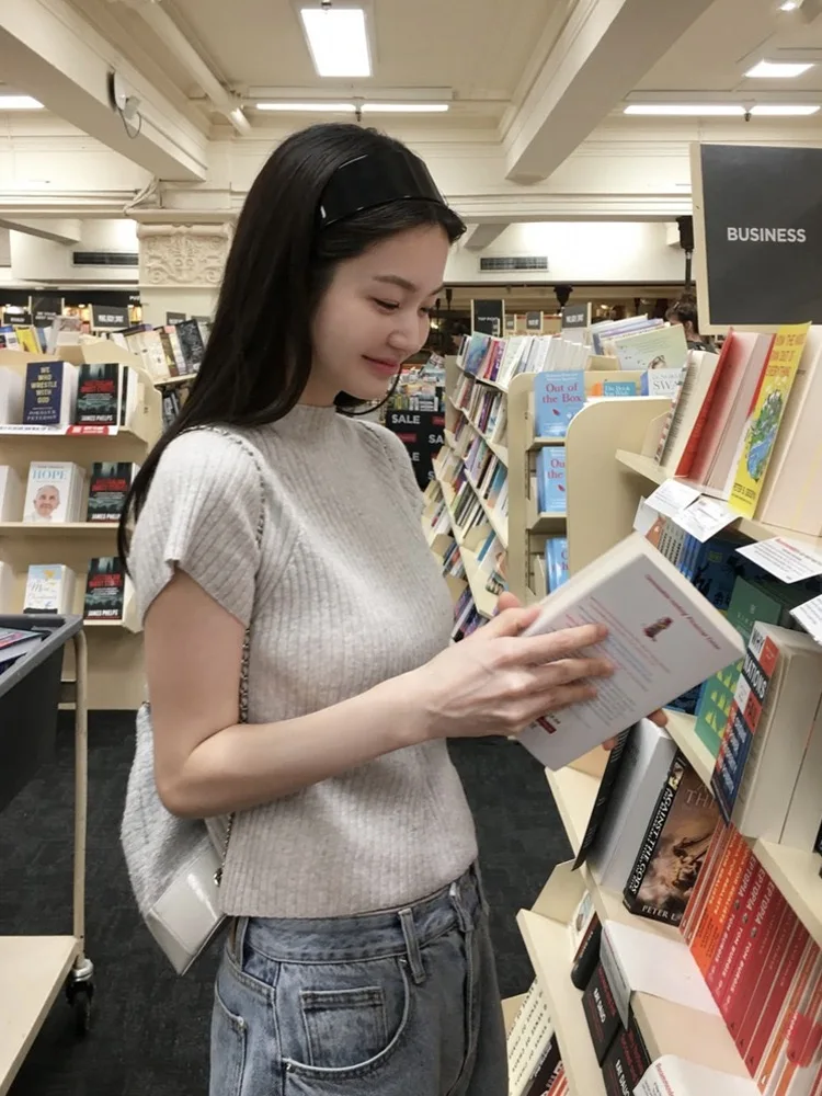 

TheBarnet Pure Color Knit ort Sve Crew Ne Футболка Корейский Sle Moisture ng Женский свитер ort Top для лета Au...