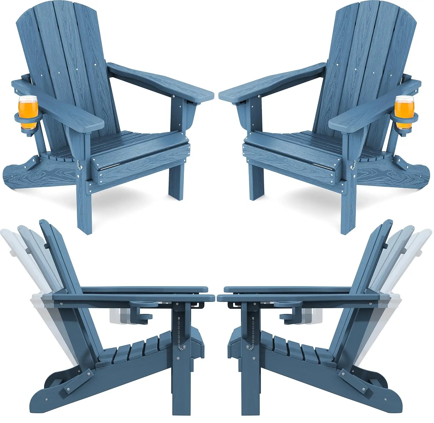 Folding HDPE Adirondack Chair Set 4pc 3-Recline Cup Holders All Weather Outdoor Custom