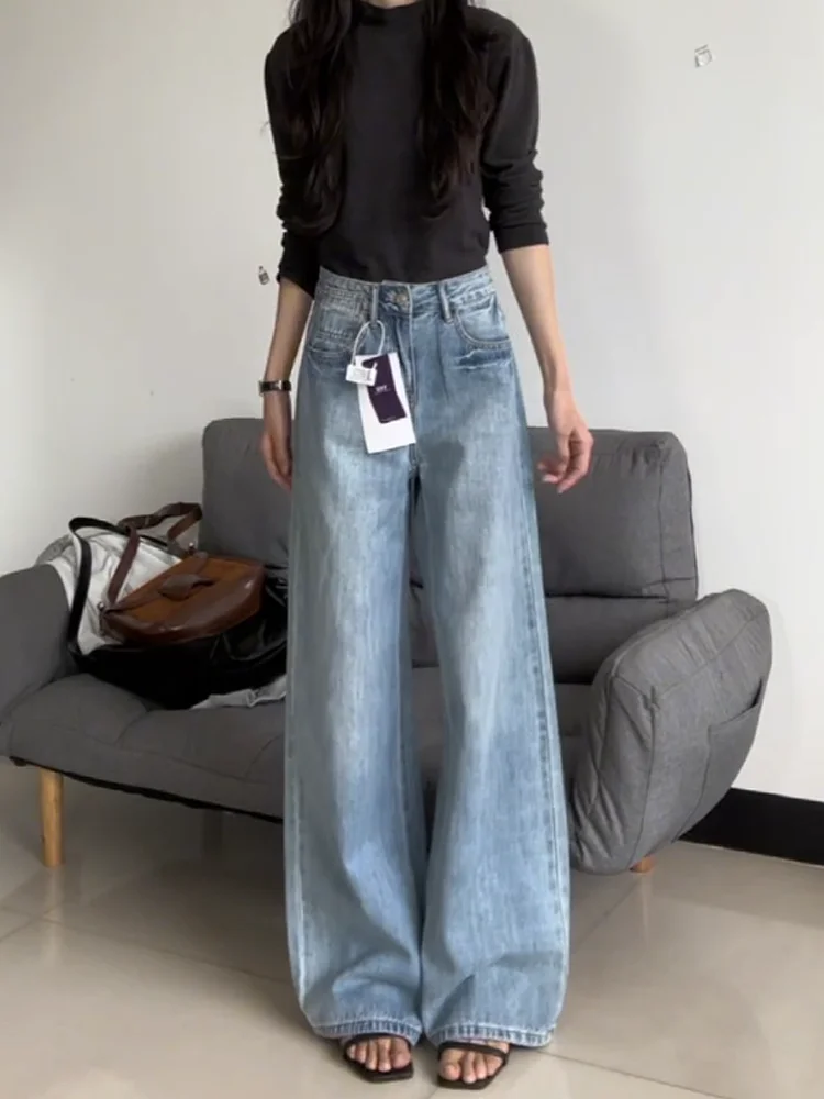 

American Retro High Waist Straight Leg Jeans Women's Loose Slim Wide Leg Floor Length Pants Casual Washed Denim Spring 2025