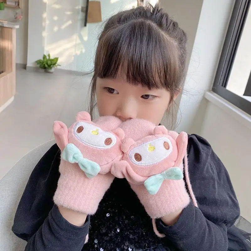 

Sanrios Kuromi Cinnamoroll My Melody Kids Neck Gloves Cartoon Thick Five Finger Velvet Gloves Winter Gift