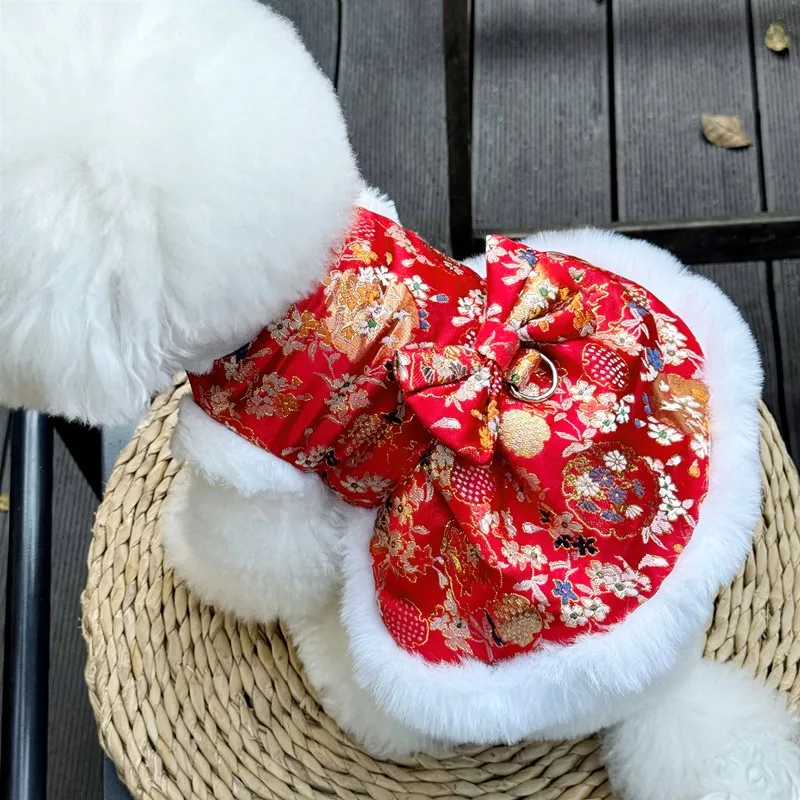 Pet New Year Clothes Teddy Bowknot Cotton Coat Cocoa Bichon Warm Winter Puppy Holiday Cotton Dress with Traction Buckle